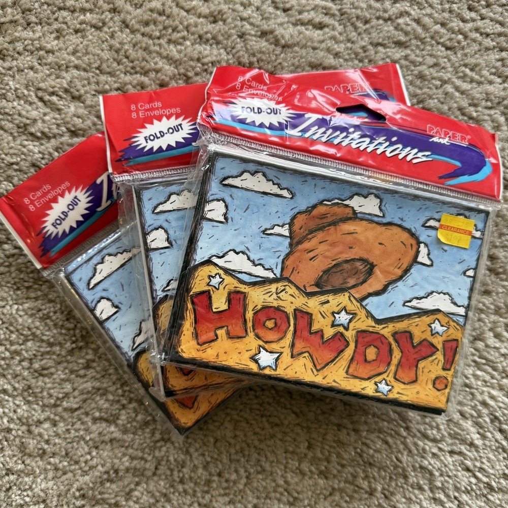 Vintage Paper Art Howdy Cowboy Birthday Invitations Pack Lot 24 Count Sealed